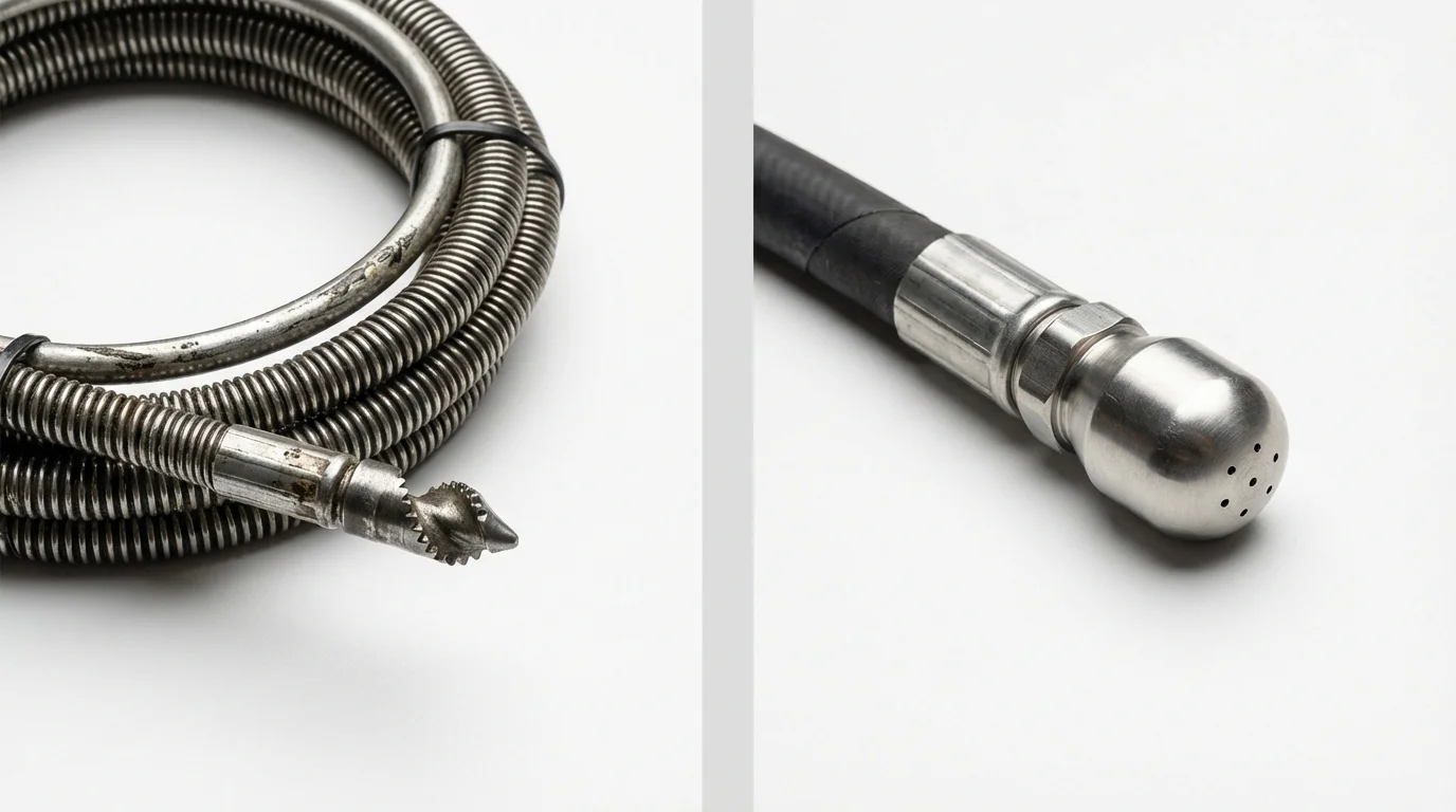 Drain snake cable and hydro jetting nozzle used for drain cleaning in Springfield, VT