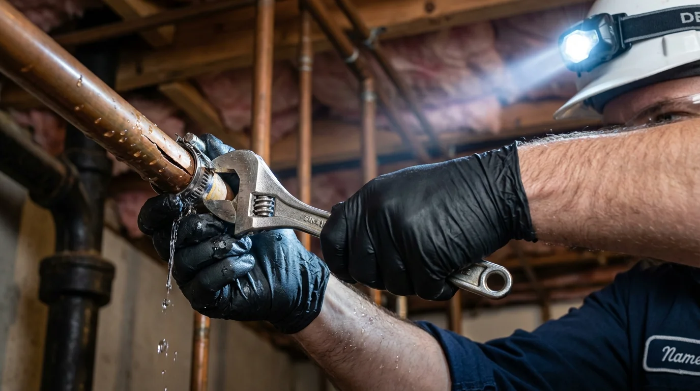 Emergency pipe clamp repair being performed by a Johns Plumbing LLC plumber in Springfield