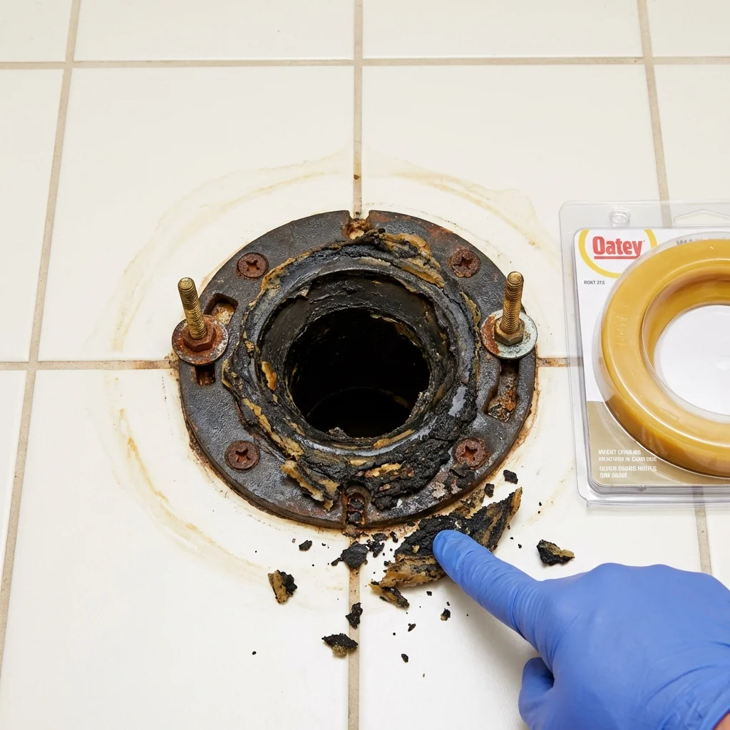 Failed wax ring showing water seepage at the base of a toilet in a Springfield, VT home