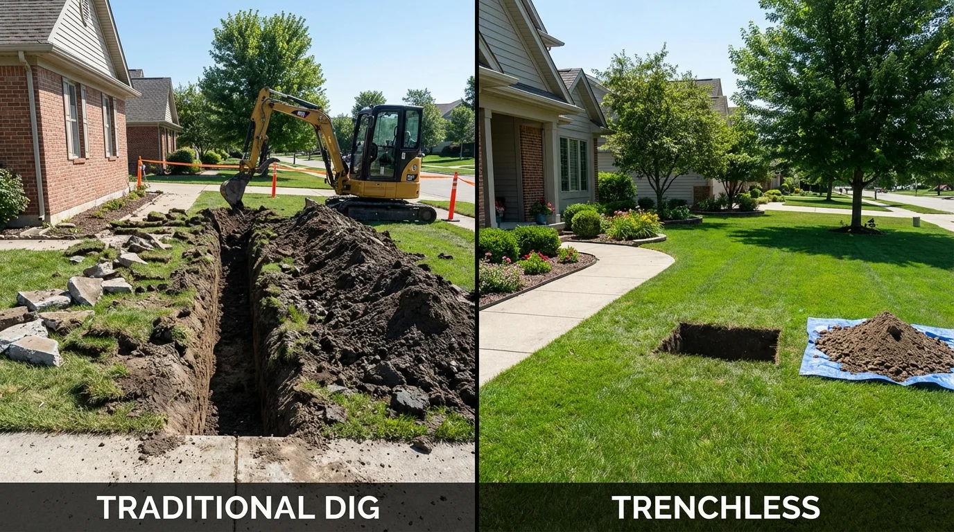 Trenchless sewer repair with minimal yard damage versus traditional excavation in Springfield, VT