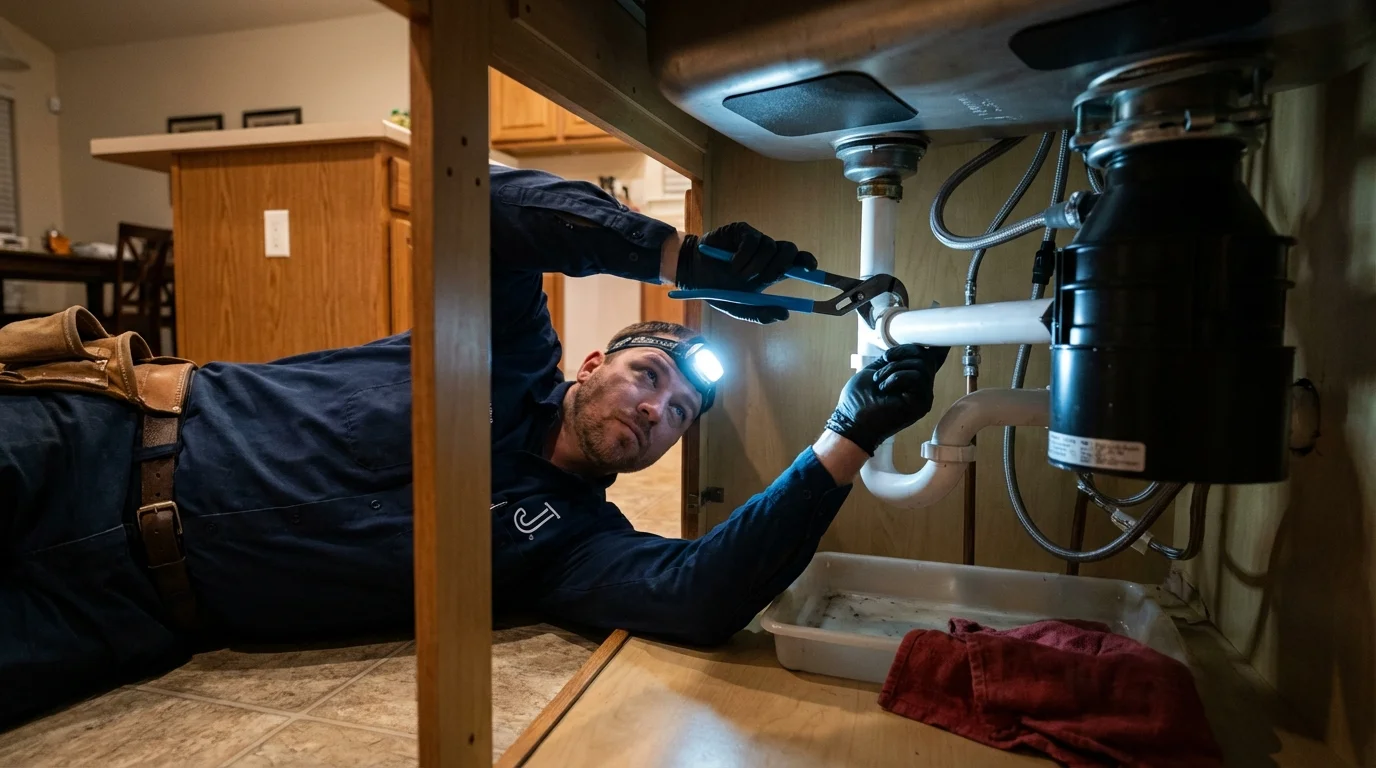 P-trap and supply line connections under a kitchen sink showing a common leak point in Springfield, VT